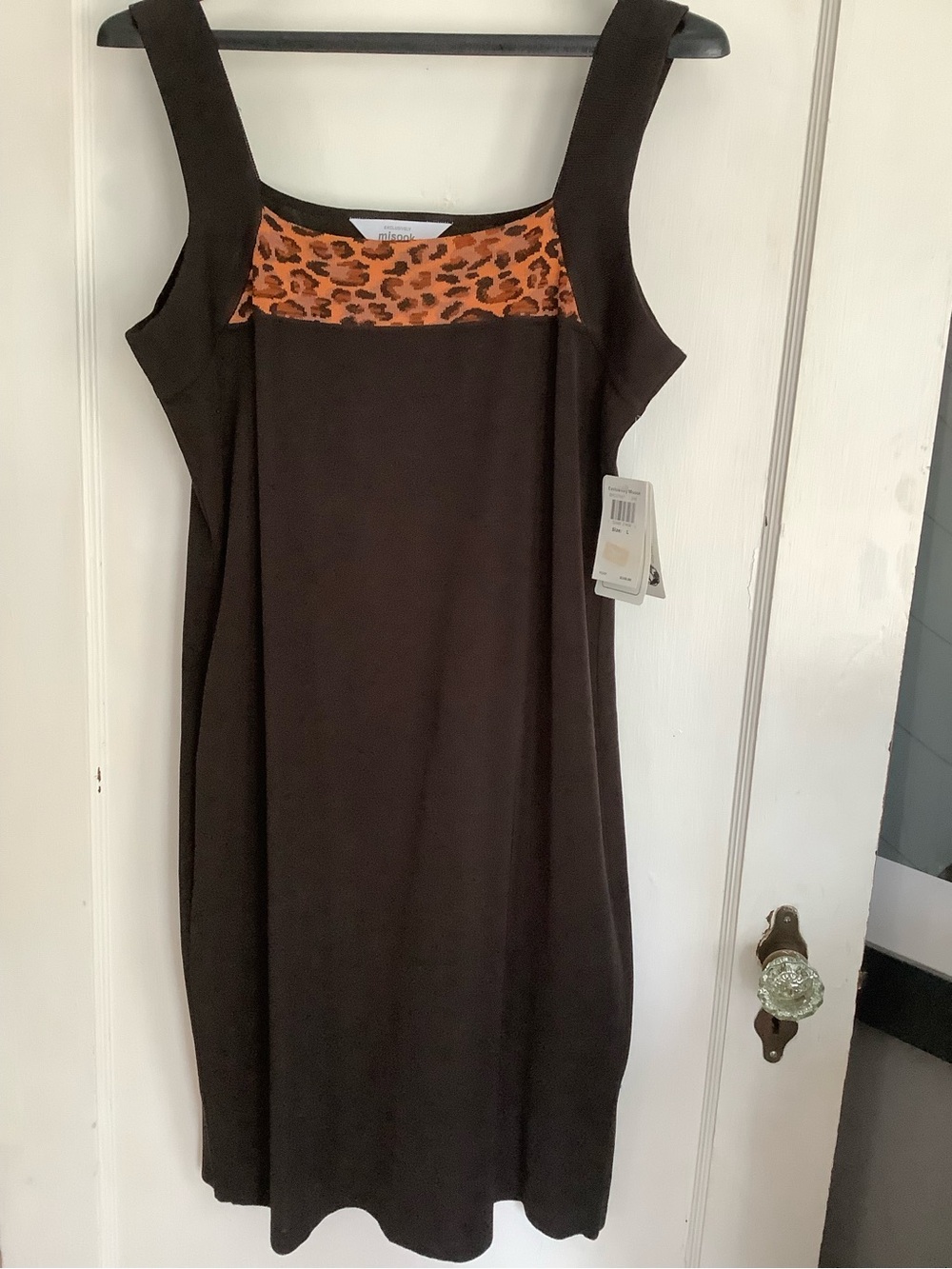Misook Brown Midi Dress with Orange Leopard Accent